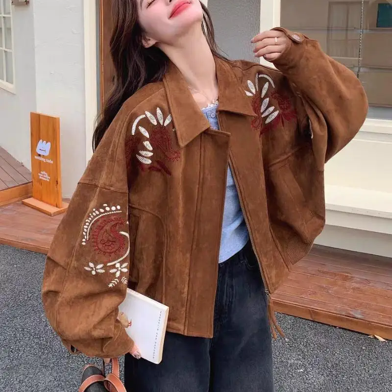 2026 Spring Autumn New Women Clothing Simple Fashion Zipper Jacket Embroidered Design Sense Niche Loose Casual Lapel Jacket Tops