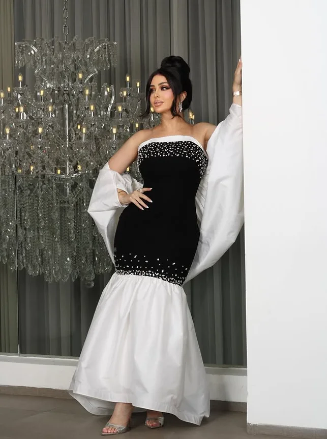 Robe de soirée longue de forme sirène, noire et blanche, avec enveloppe, sans bretelles, froncée, cristal, robe de Gala, Pastrol Unis, sur mesure