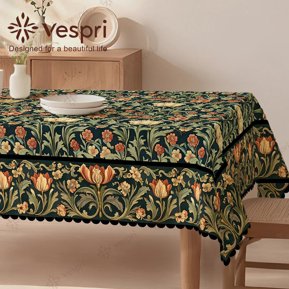 Vespri Florale Oster-Tischdecke Frühlings-Pastell Schwarz Grün Blumen-Blatt-Muster Rund Rechteckig Oval Polyester für Feiern