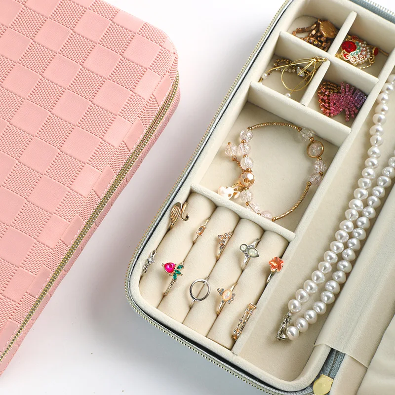 Checkered Pattern Leather Jewelry Makeup Organizer Large Capacity Travel Cosmetic Bag with Zipper Portable Storage Case