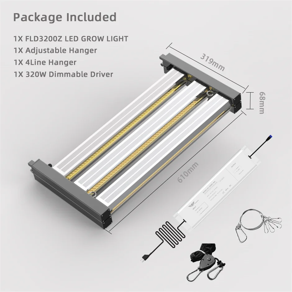 QKWIN LED Grow Light Bar 320W for Indoor Plants Full Spectrum, Seed Starting Seedlings Vegetable Pepper Hanging