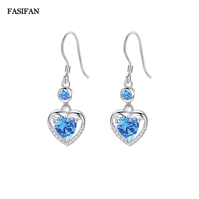 FASIFAN 999 Sterling Silver Single-minded Silver Earrings High-end Ocean Heart Blue Earrings Light Luxury Valentine's Day Gift