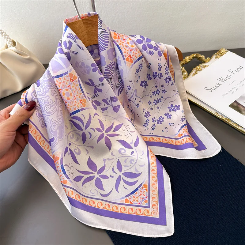 2026 New Square Scarf For Women Luxury Soft Satin Imitation Silk Scarves Printed Bandanas Hijab Neckerchief Elegant Shawl Wraps