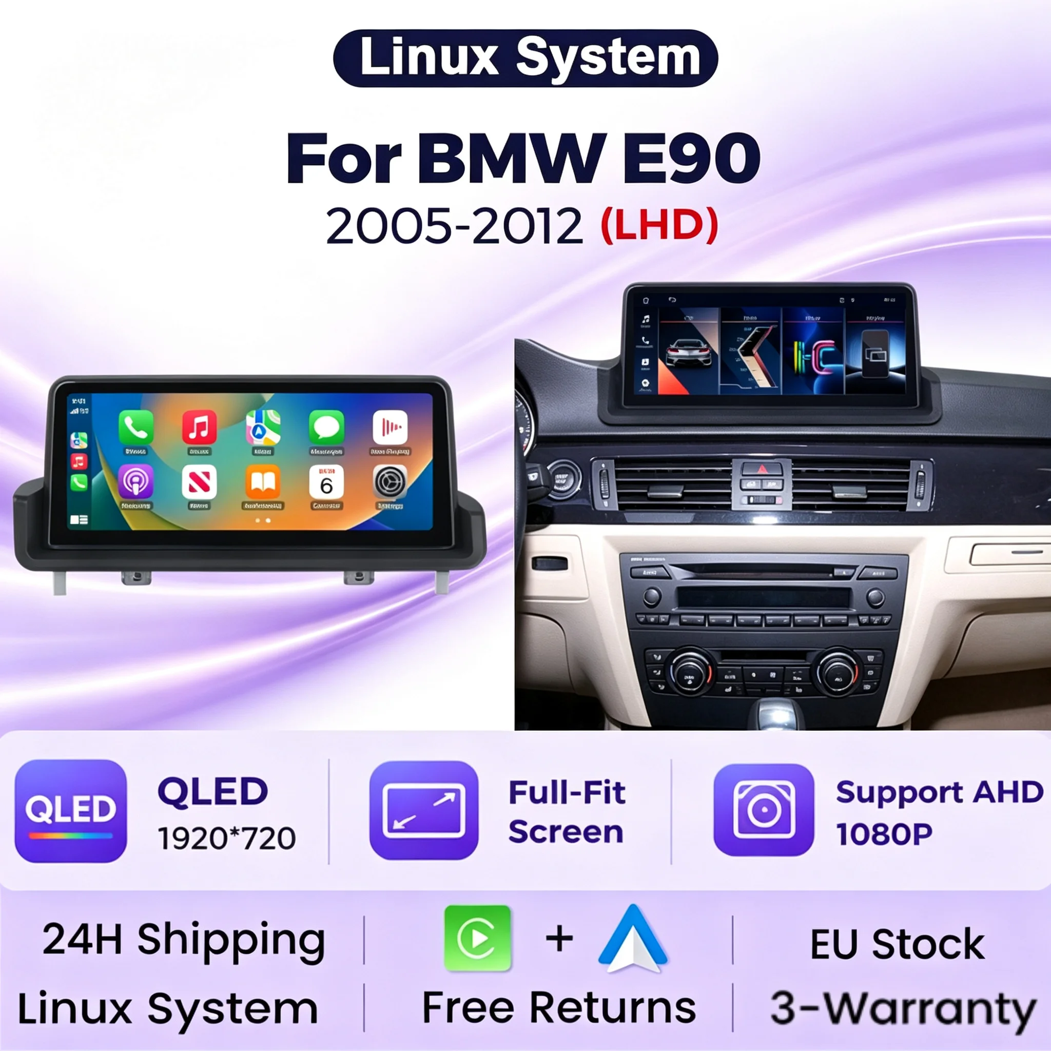 QLED 1920*720 Linux-System für BMW E90 E91 E92 E93 mit Maus, 10,25-Zoll-Bildschirm, Autoradio, Stereo-Multimedia-Player, WLAN, GPS-Navigation, Airplay, Mirror Link, kabelloses Carplay, Android Auto,