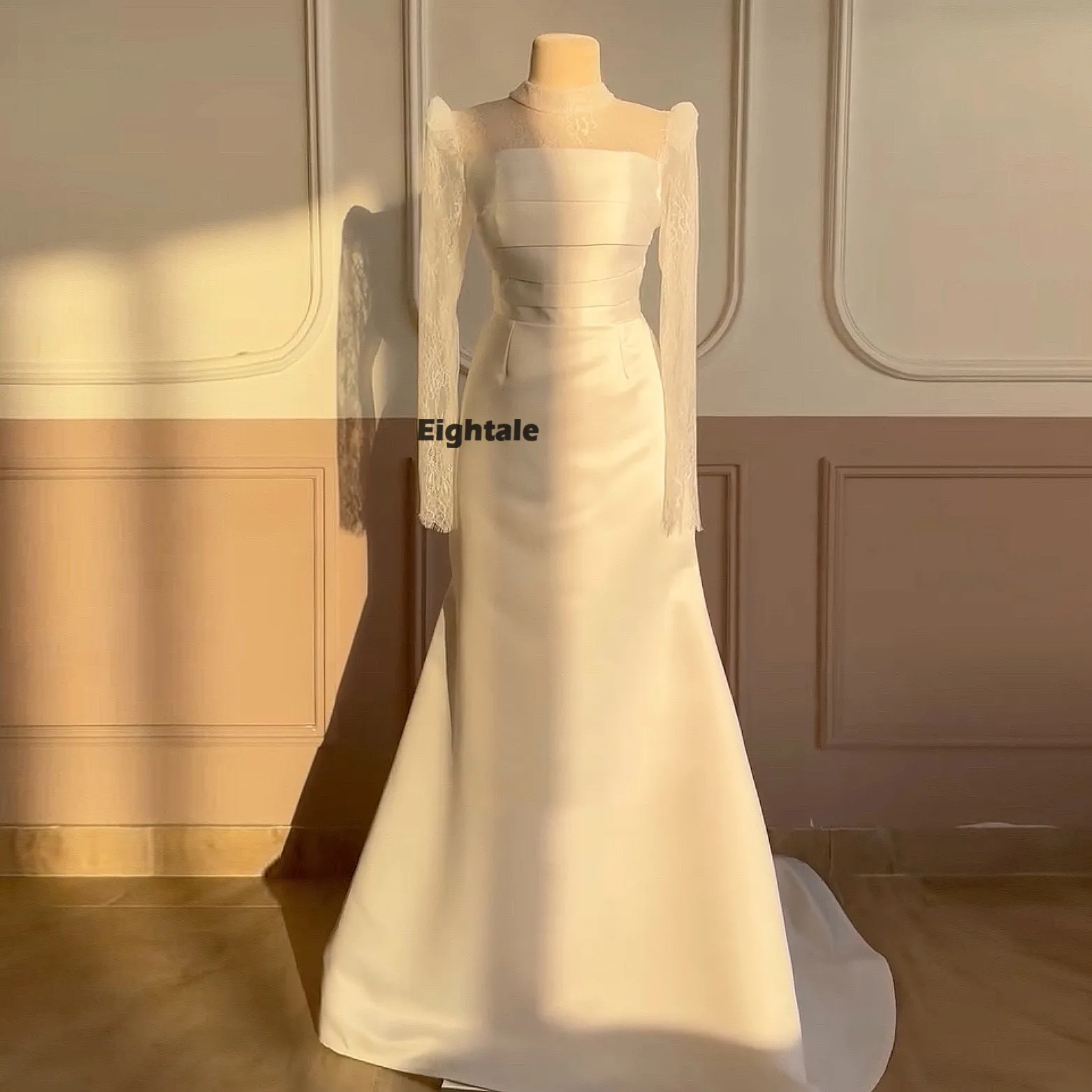 

Eightale Arabic Wedding Dress High Neck Pleats Customized White Ivory Satin Lace Long Sleeves Bridal Gown Bride Party Dress