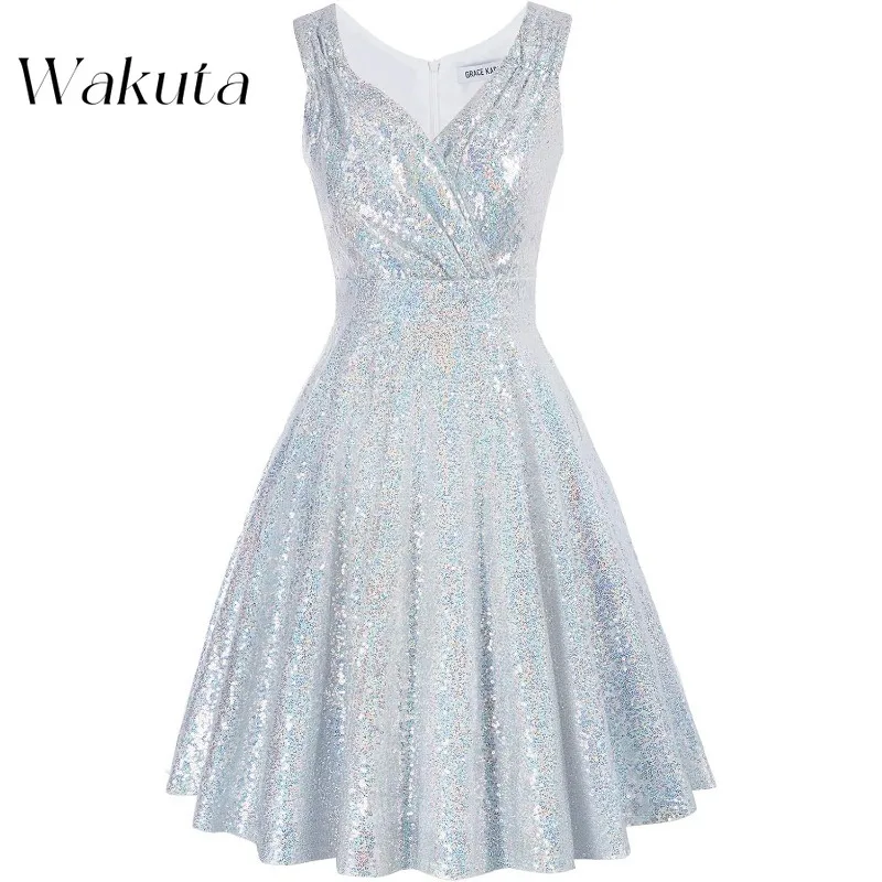 Wakuta Women Sequin Cocktail Dress V-Neck Off The Shoulder Ribbed Robe Sparkly Glitter Party Bodycon Midi Vestido Elegante Mujer