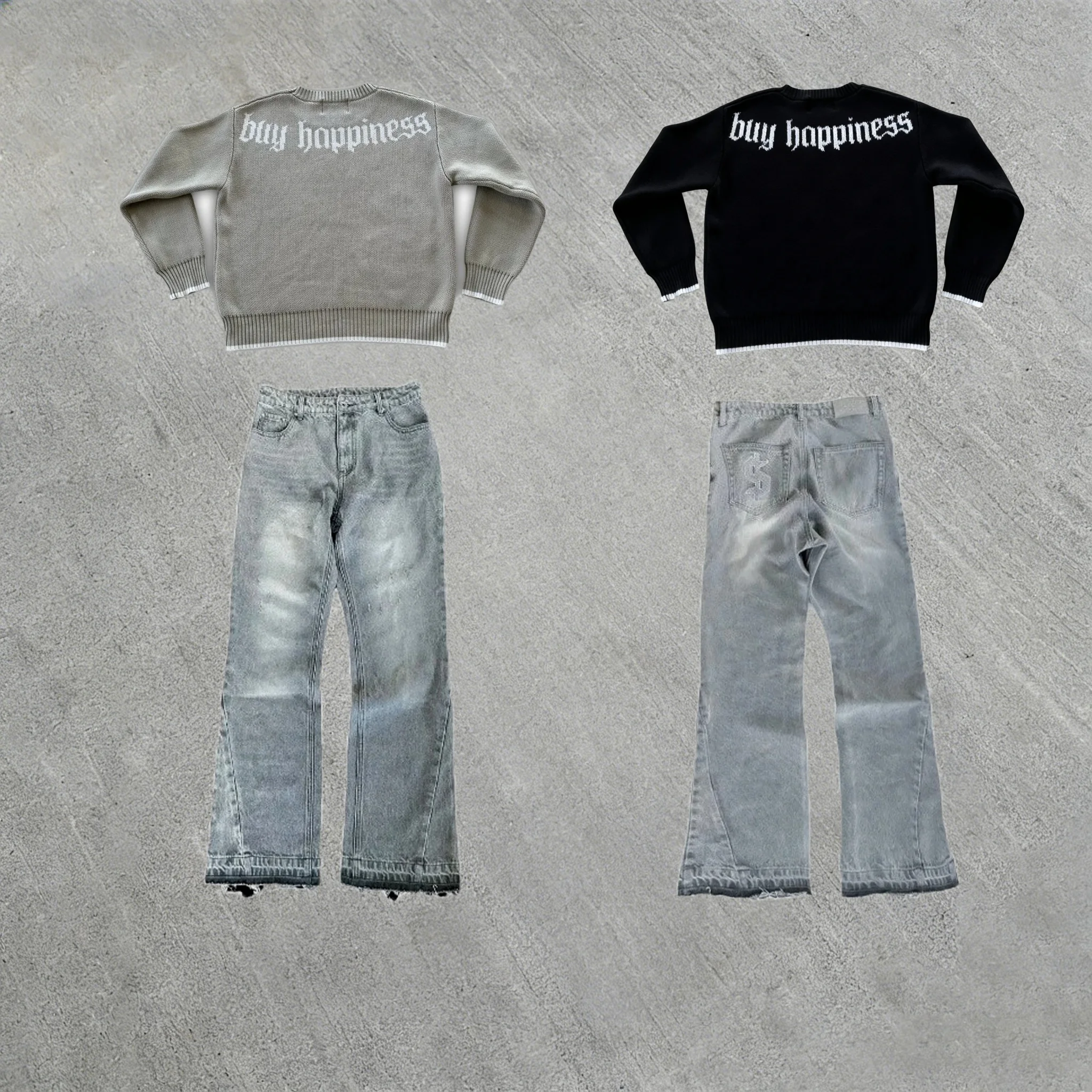 

Y2K Trendy Knit Men Clothing Retro Dollar Embroidered Gray Round Neck Casual Sweater Street Hip Hop Slim Fit Straight Leg Pants