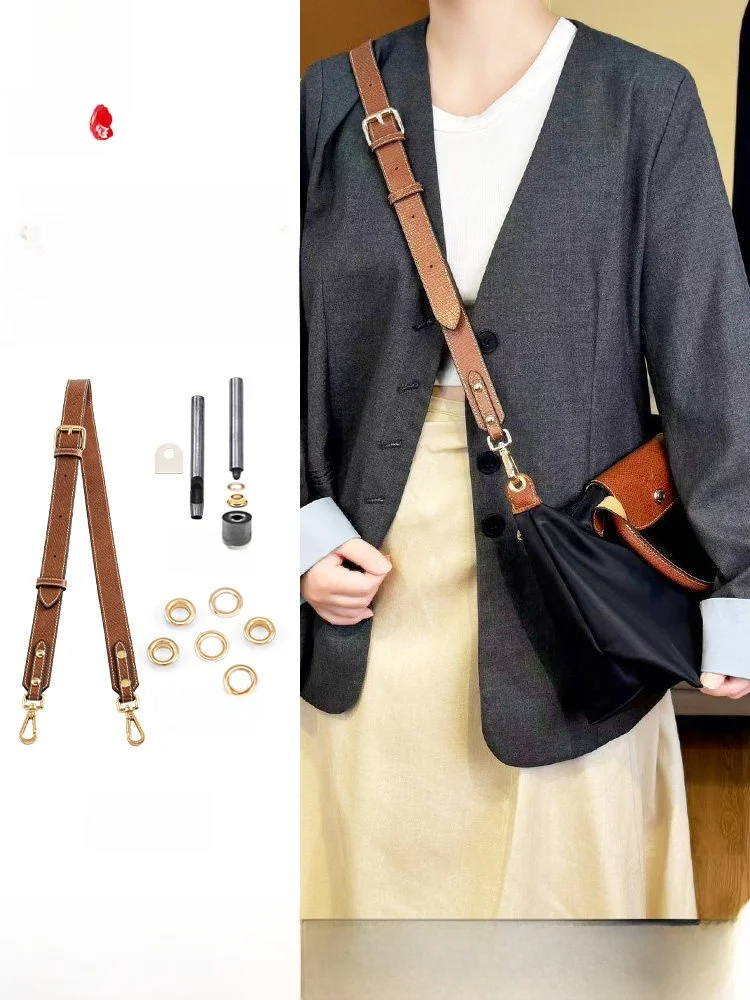 Small Size Leather Crossbody Bag Strap Punching Dumpling Shape Shoulder Bag Accessory Short Handle Suitable for Longxiang Brand