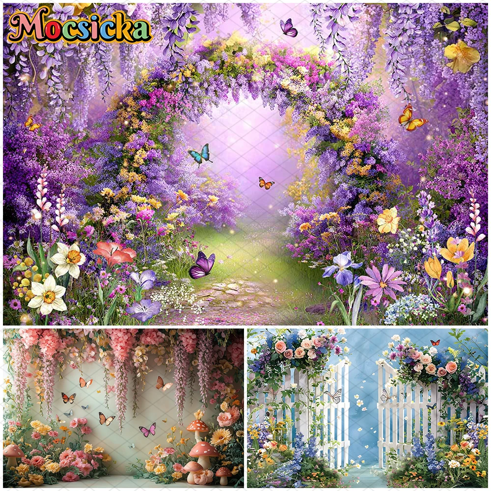 

Mocsicka Spring Photo Backdrop Easter Purple Green Pink Flower Butterfly Decoration Child Birthday Photography Background Banner