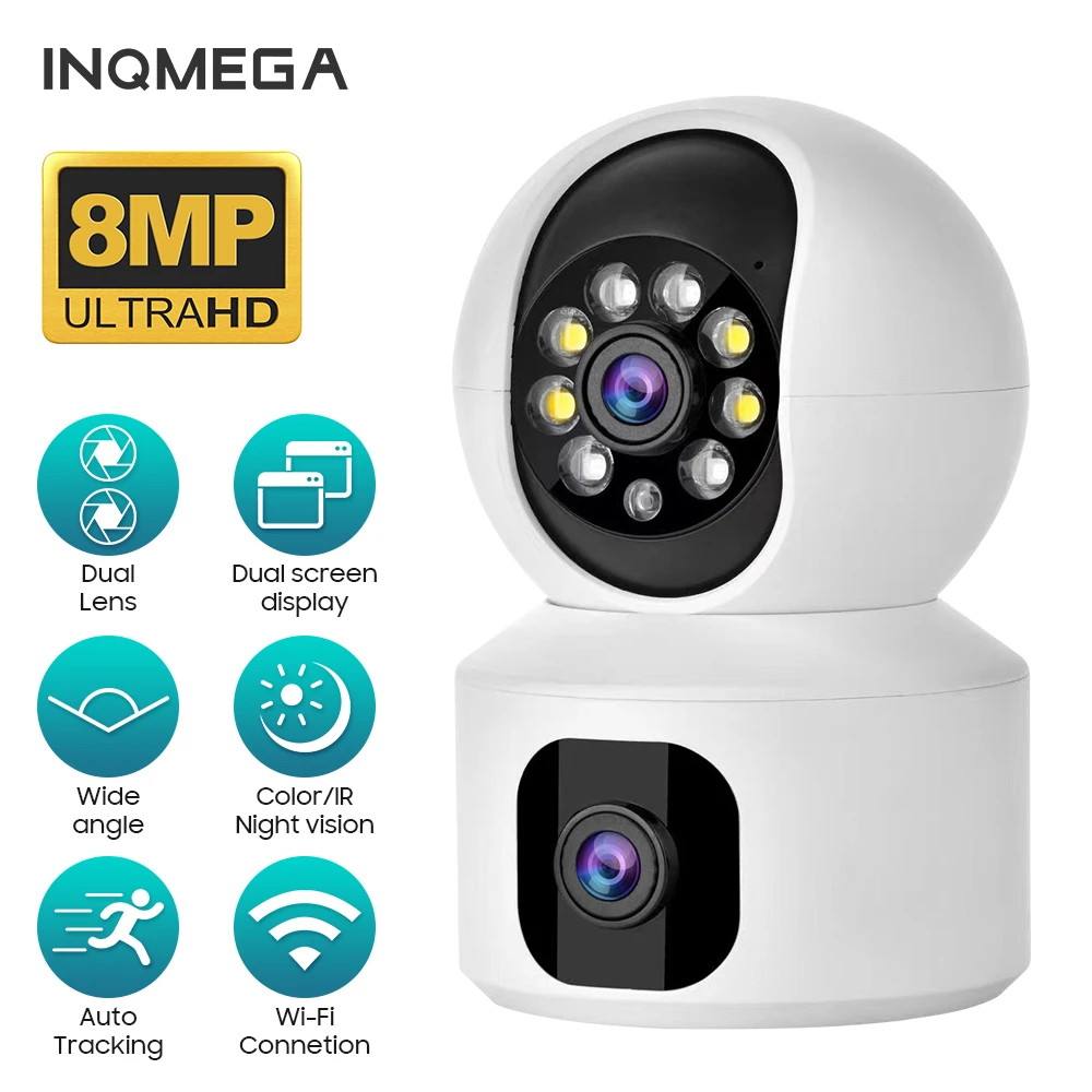 INQMEGA 4K 8MP Smart Wifi Camera Home Security IP Camera Wireless Cameras Surveillance Dual Lens Screen Baby Monitor CCTV Video