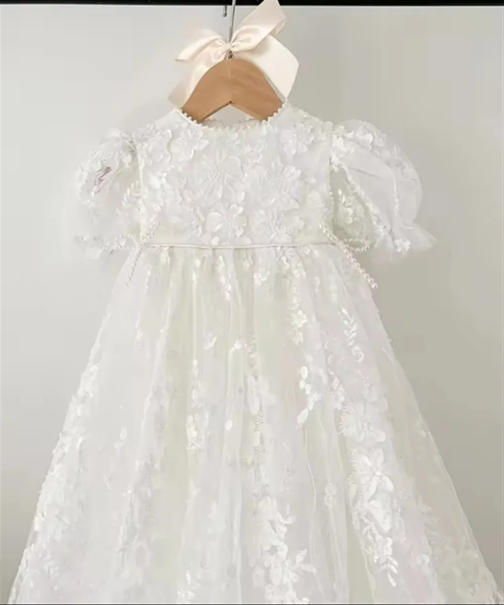 فستان زفاف أنيق مخصص لفتاة الزهور مزين بالدانتيل فستان تعميد الطفل للأطفال لأعياد الميلاد الأولى