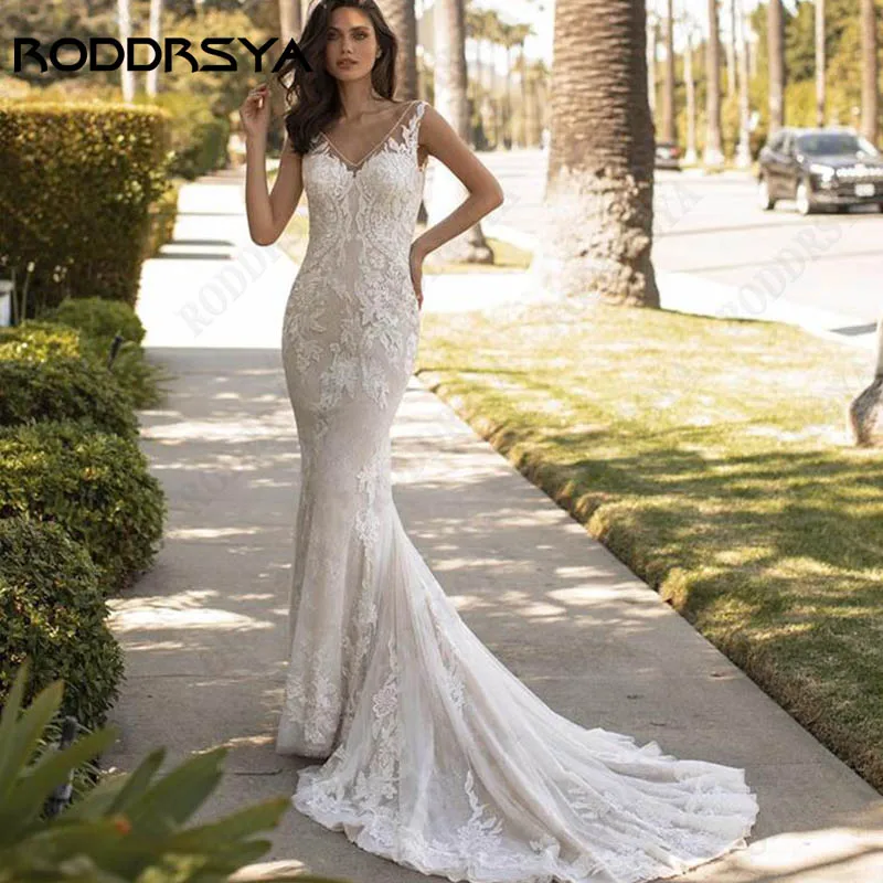 RODDRSYA-Vestido de novia con escote en V para mujer, traje bohemio con tirantes finos, sin mangas, Espalda descubierta, botones Bohemio V collar Lady nupcial pasta con tirantes sin mangas fiesta de novias sin botones