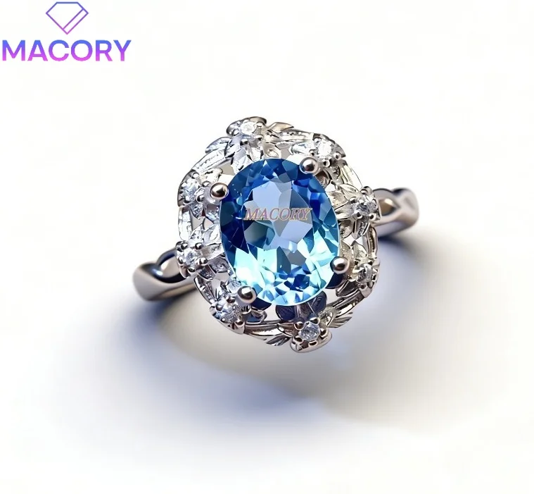 S925 sterling silver inlaid with natural Swiss blue topaz ring for women luxury jewelry Christmas and Valentine's Day gift