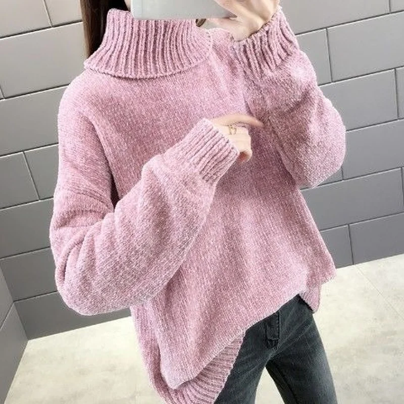 Suéter de cuello alto de chenilla para mujer, Jersey holgado de manga larga, Color sólido, Top de punto, otoño e invierno, 2023