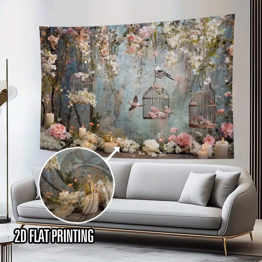 VIKAMA Romantic Flower and Bird Theme Wall Tapestry Warm and Tranquil Bedroom Living Room Art Corner Home Decoration