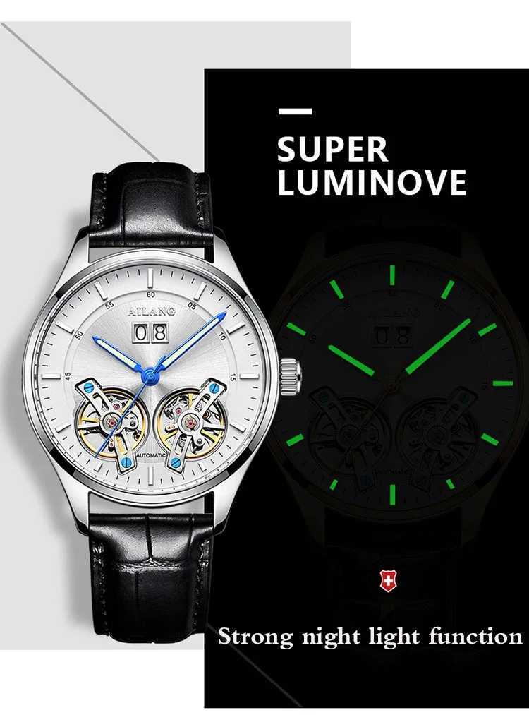 AI LANG 正規ブランド 2026 ダブルトゥールビヨン 夜光 直視式機械式腕時計 自動巻き腕時計 メンズ腕時計 スケルトンムーブメント