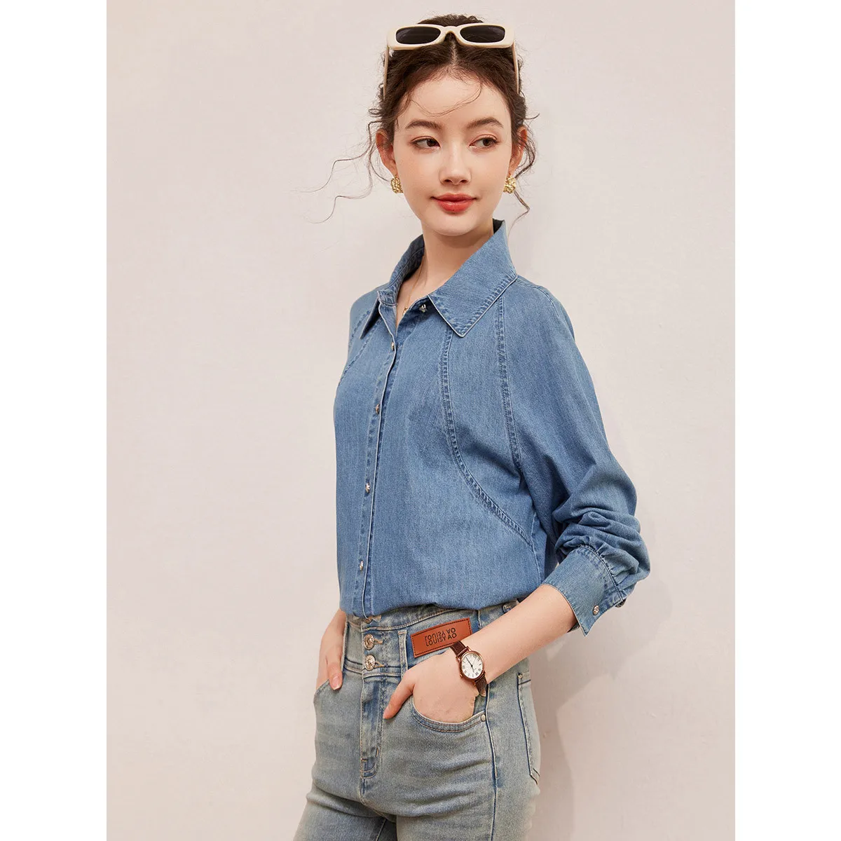 LOUIS YAO New Design Sense Deconstructed Lines Denim Shirt Spring Fashion Lapel Shoulder Sleeve Non-stretch Women's Blouses