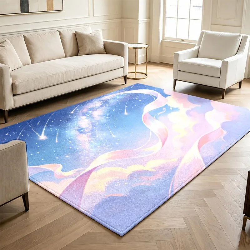 Watercolor Fruit Art Area Rug Soft Pastel Blue Gold Marble Painting Style Large Floor Mat for Living Room Home Decor Area Rug