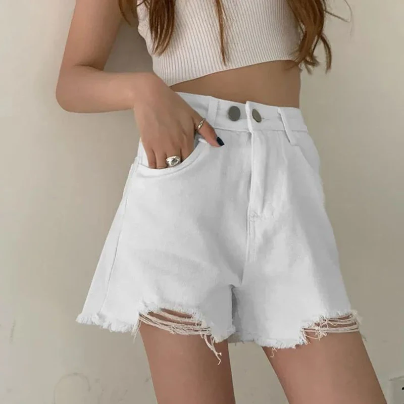 Summer Female Raw Edge Designer High Waist Shorts Lady Solid Casual Fashion Denim Pants Girls Chic Ripped Short Jeans