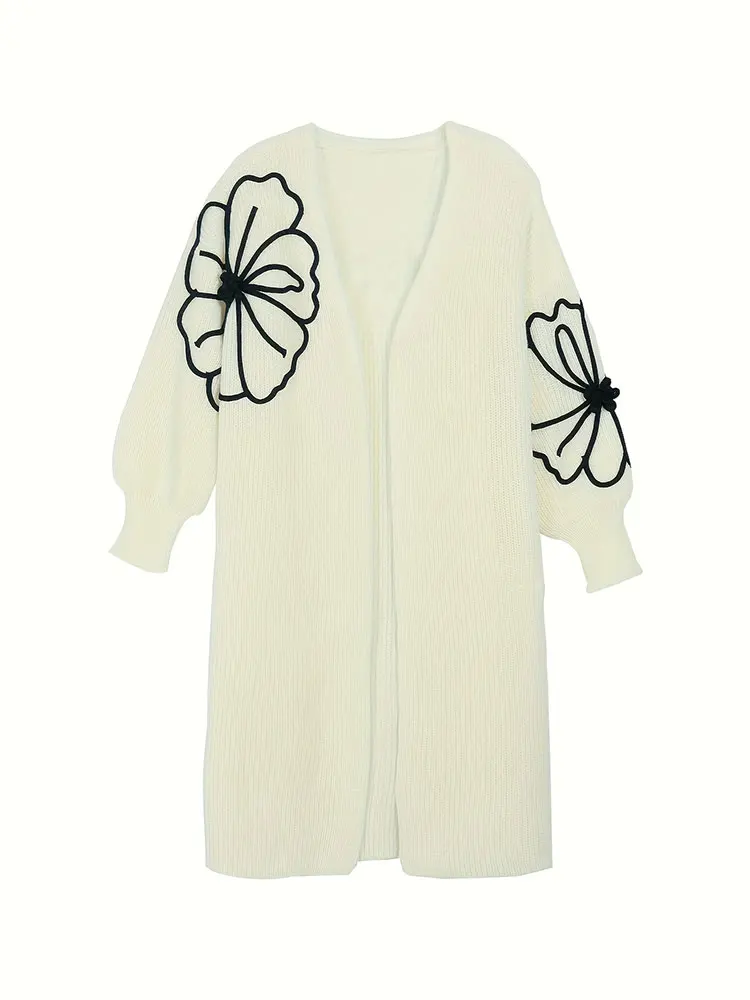 HotSale التخليص حجم كبير سترة طويلة أنيقة تنوعا الأزهار طويلة الأكمام محبوك سترة الخريف المرأة سترة للبيع