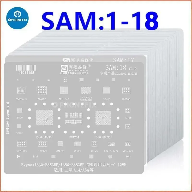 PHONEFIX Universal BGA Reballing Stencil SAM1 To SAM18 Tin Planting Steel Mesh for Phone Mainboard CPU IC Chip Soldering Repair