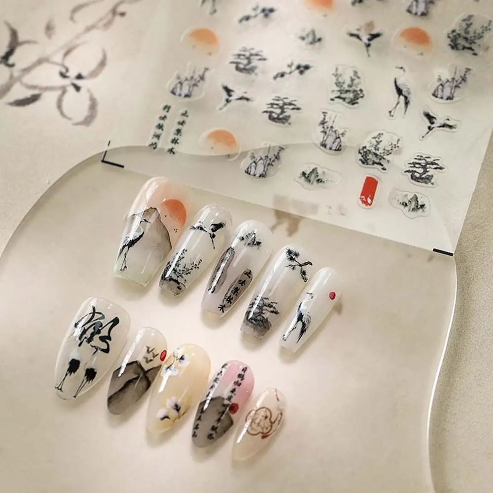 DIY Nail Charms Chinese Ink Nail Stickers Nail Art Supplies Chinese Character Crane Nail Decals Painting Sunset