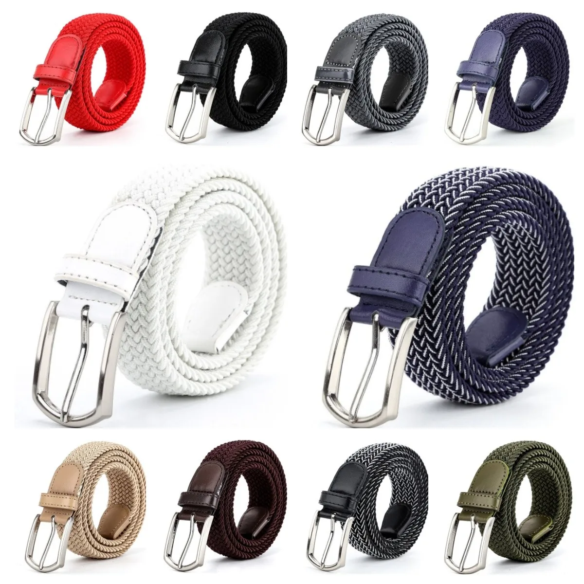 3,3cmX110cmX130cm 2024 Hochwertiger Neuer Elastischer Geflochtener Gürtel für Herren Lässiger Canvas-Gürtel für Damen Koreanischer Allrounder mit Dornschließe Weiß Schwarz – Detail 3