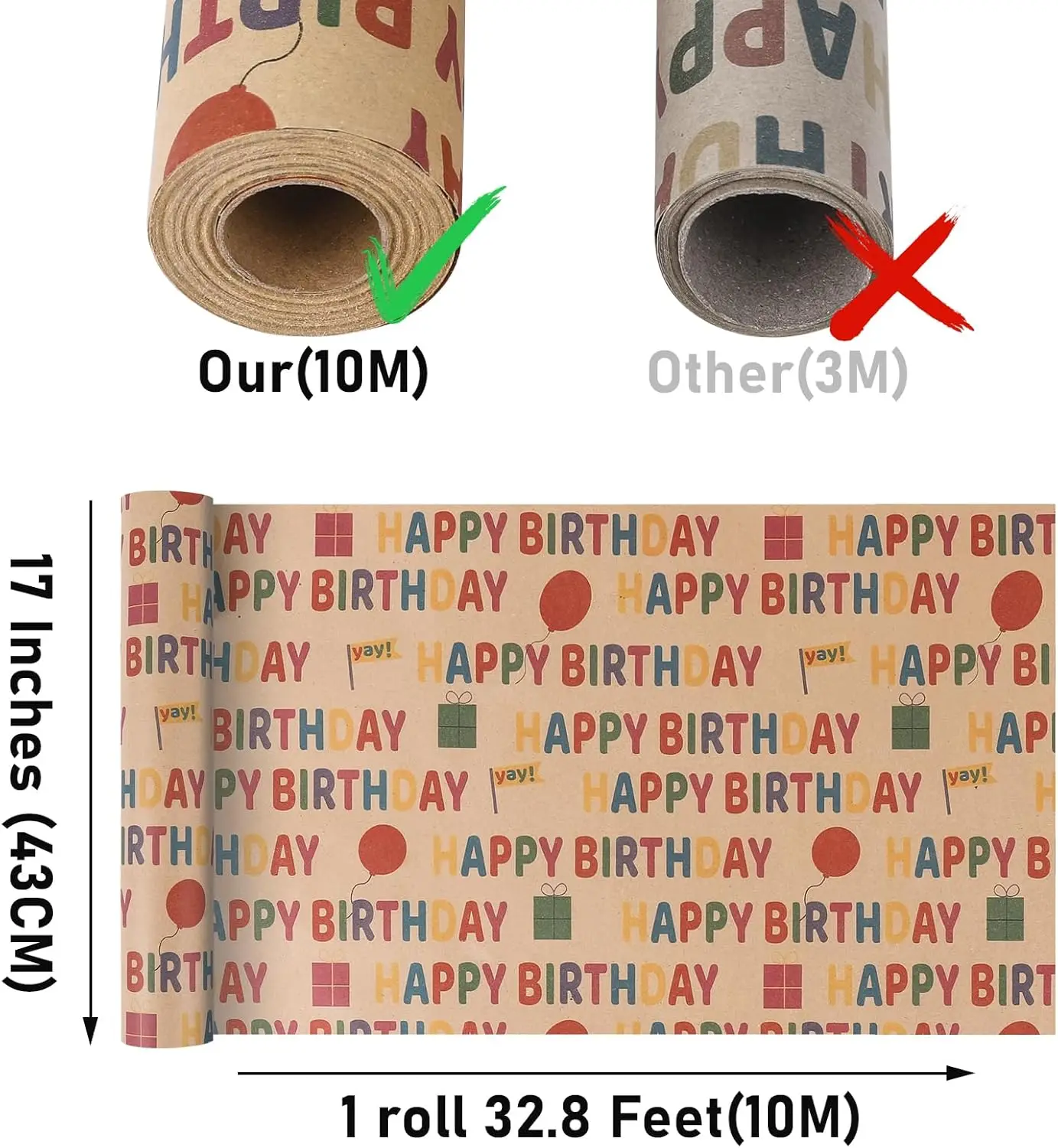 Kraft Wrapping Paper Roll Colorful Text Happy Birthday Design Perfect for Birthday Holiday Wrap 17 inch X 33 feet