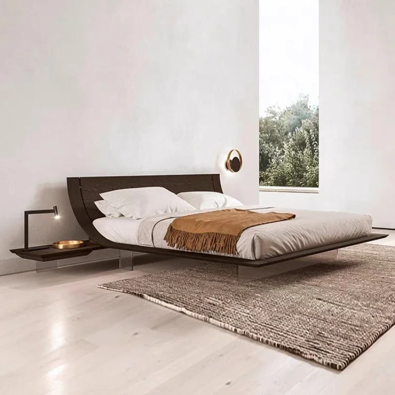 Suspended bed modern simple solid wood bed with induction light bar Italian curved high-end villa Large flat double bed