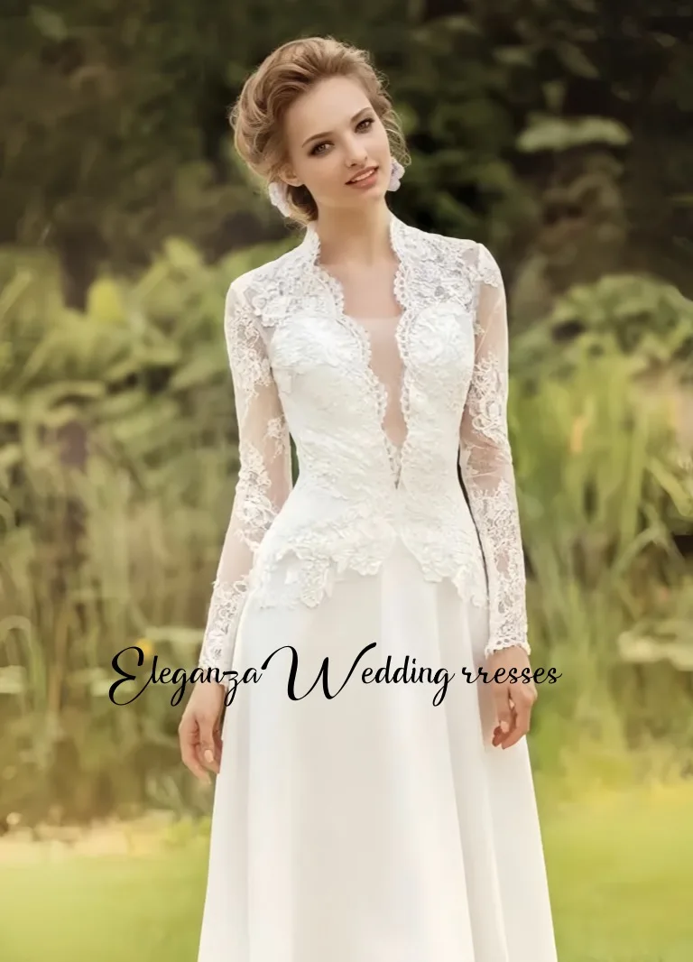Customized Elegant Long Sleeve Wedding Dresses A-Line V-neck Lace Satin Bridal Gowns Floor Length Gorgeous