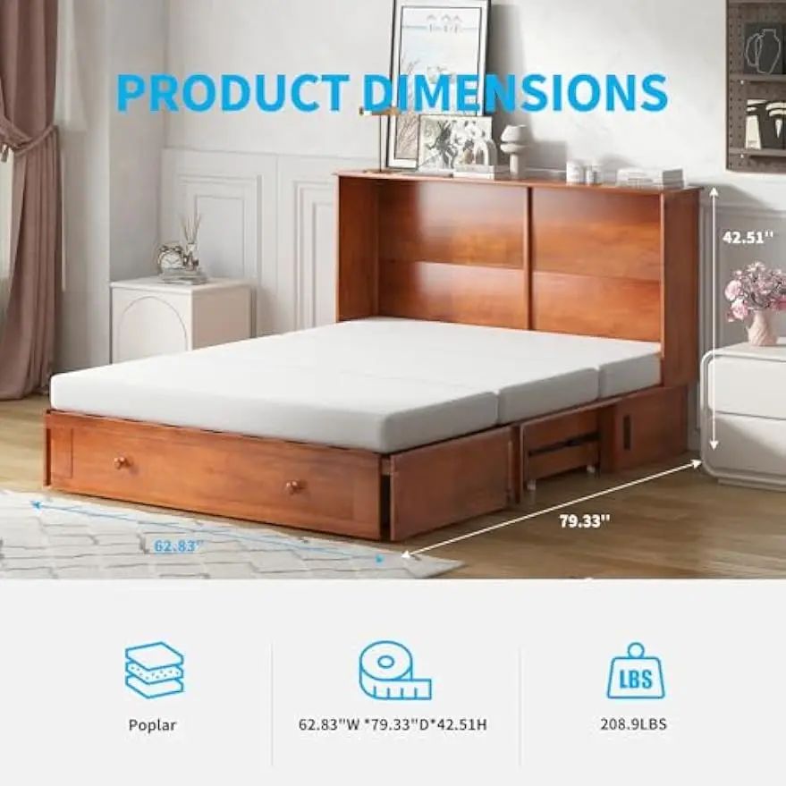 Murphy Bed Cube Cabinet with Folding Mattress, Queen Size Murphy Chest Bed with Built-In USB Charging Station, Murphy Cube Queen