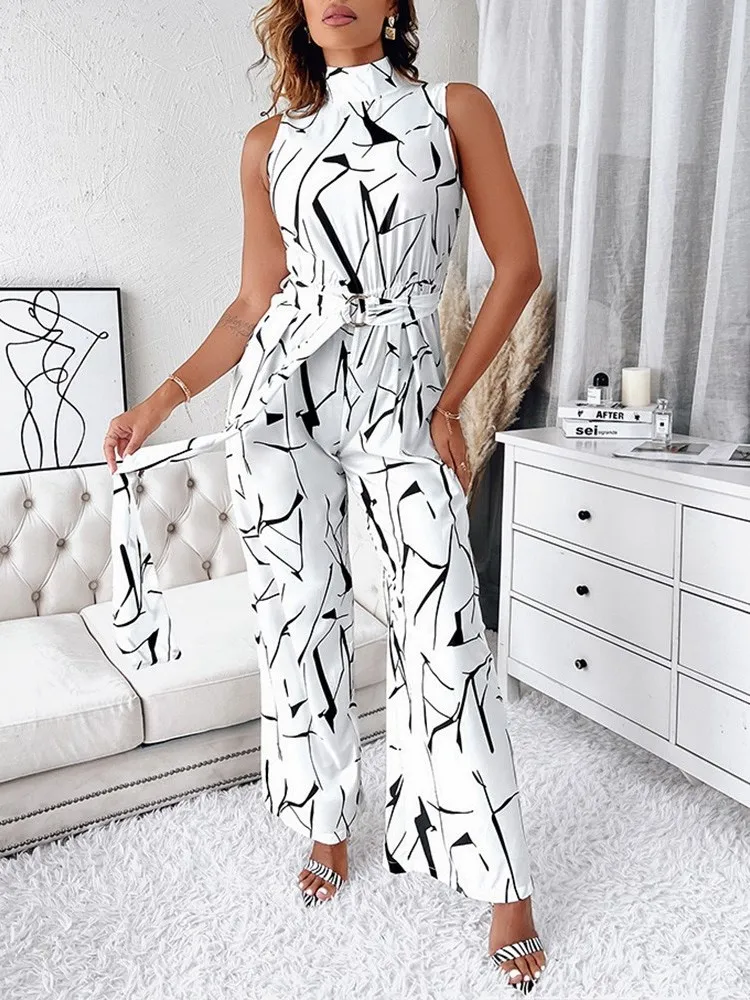 Streetkleding Jumpsuit Met Hoge Hals En Mode Rimpelprint Mouwloos Met Veters Tot Taille, Romeinse Zomer Jumpsuit Met Wijde Pijpen