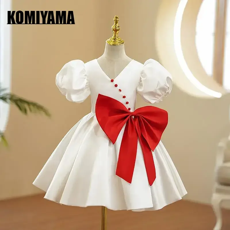 Customized V-neck Puff Sleeve Design Bog Bow Princess Ball Gown Dresses Simple Sweet Kids Birthday Party Vestidos Pleated Flower