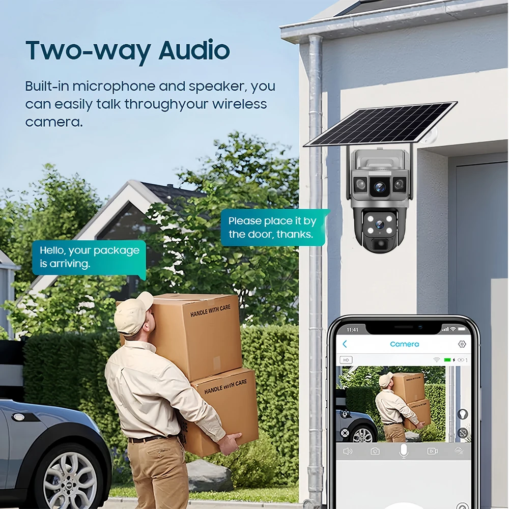 V380 Pro 12MP พลังงานแสงอาทิตย์ 4G/WIFI กล้อง IP กล้องวงจรปิดสองเลนส์สามหน้าจอการติดตามอัตโนมัติกลางแจ้ง 6K การเฝ้าระวังความปลอดภัยกล้อง PTZ
