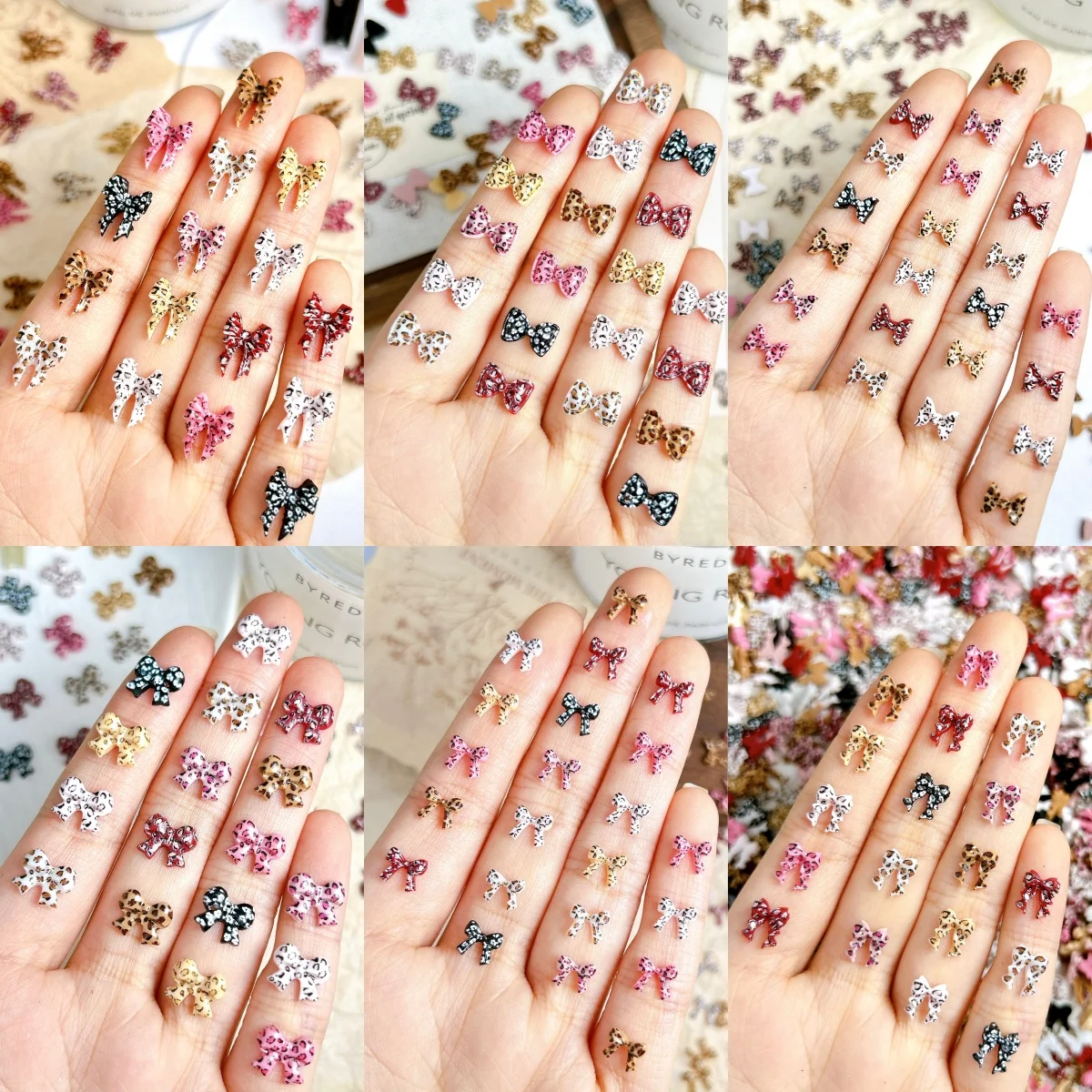 30PCS Multiple Style Sweet Ribbon Bow Resin Nail Charms Creative Autumn Winter Leopard Print Heart Tie Nail Art Decorations DIY