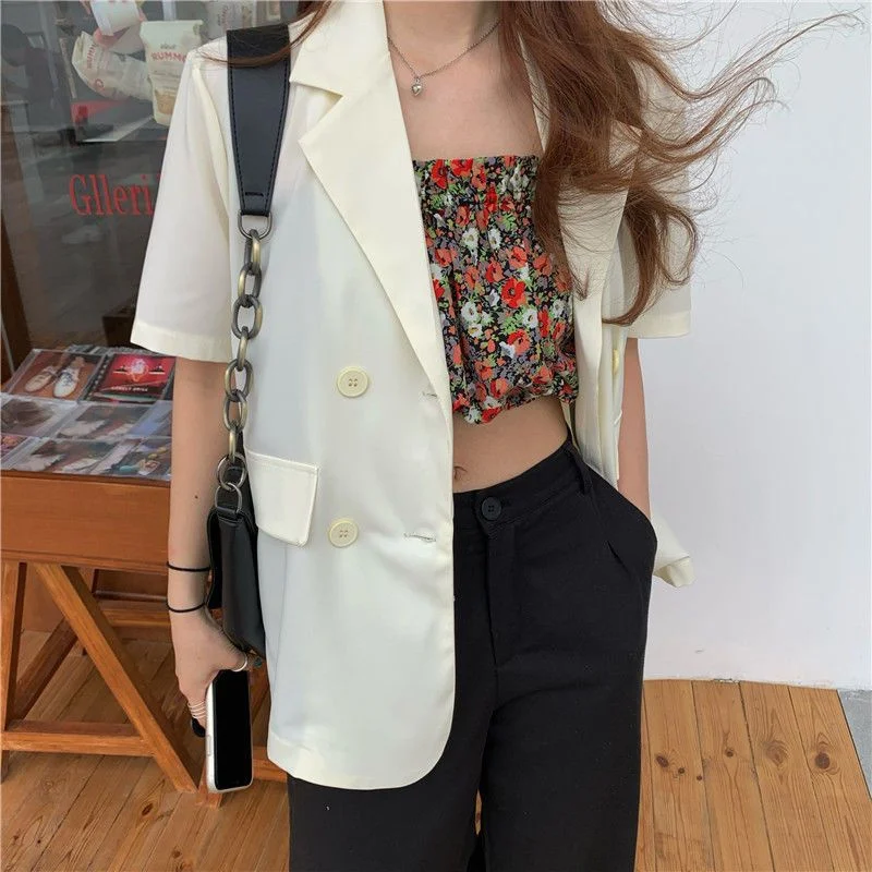 

Korean Ladies Loose Blazer Jacket Female Fashion Short Sleeve Suit Outerwear Spring Summer Women Leisure Solid Color Tops Coat