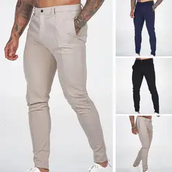 Adjustable Waist Pants Men's Slim Fit Solid Color Business Trousers with Breathable Mid Waist Ankle Length Soft for Comfortable
