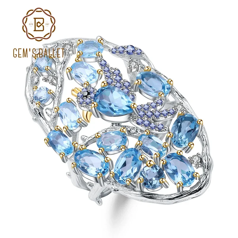 

GEM'S BALLET 6.12Ct Natural Swiss Blue Topaz Finger Ring 925 Sterling Silver Handmade Hollow Element Ring for Women Fine Jewelry