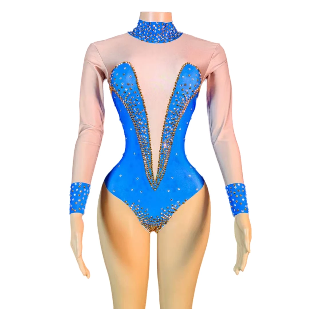 Pole Dance Costume Rhinestone Stretch Spandex Women BodySuits Gymnastics One Piece Night Club Bar Drag Queen Costume