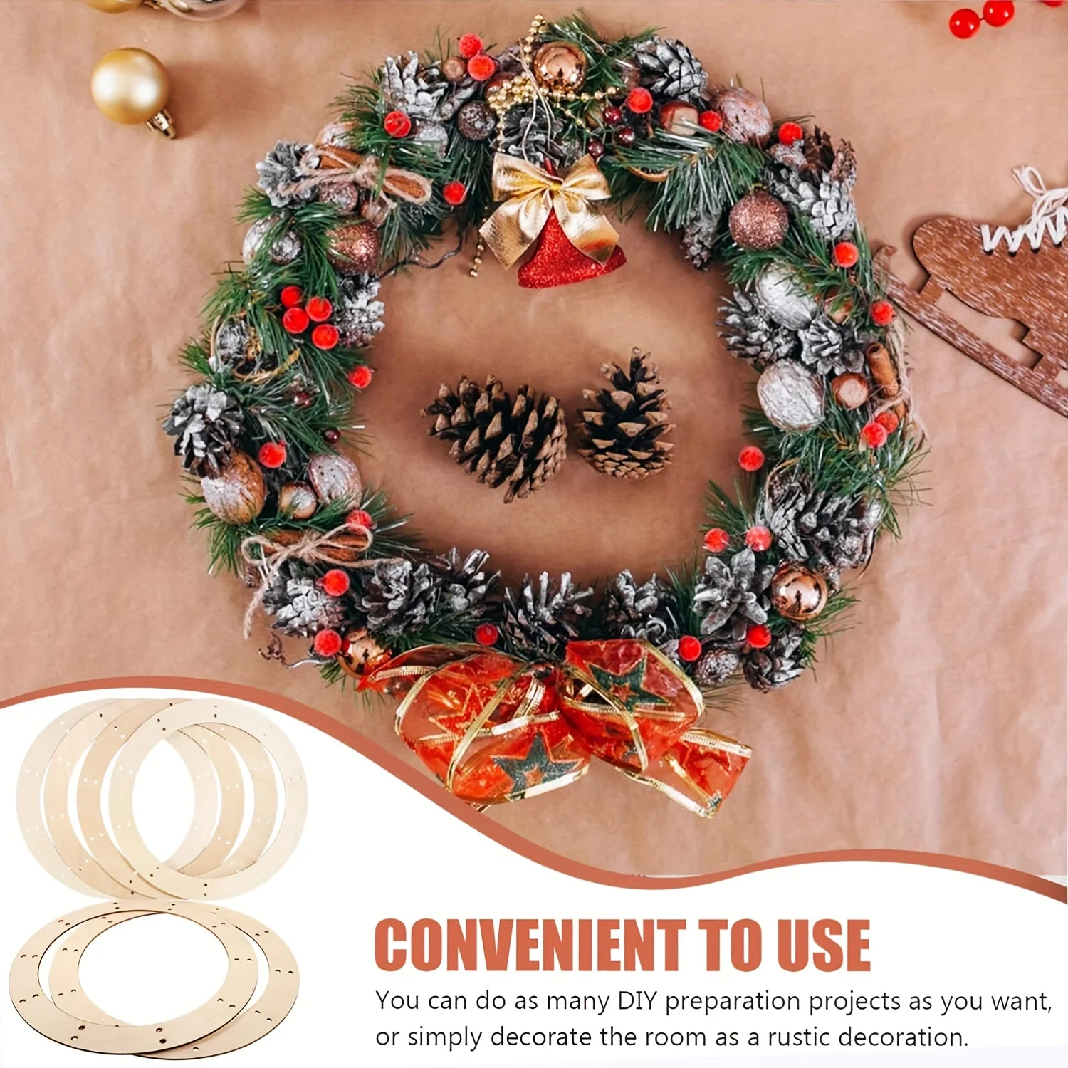 6/12 Uds. De anillos redondos grandes de madera, coronas rústicas para manualidades navideñas, guirnaldas florales DIY, aros colgantes para decoraciones navideñas