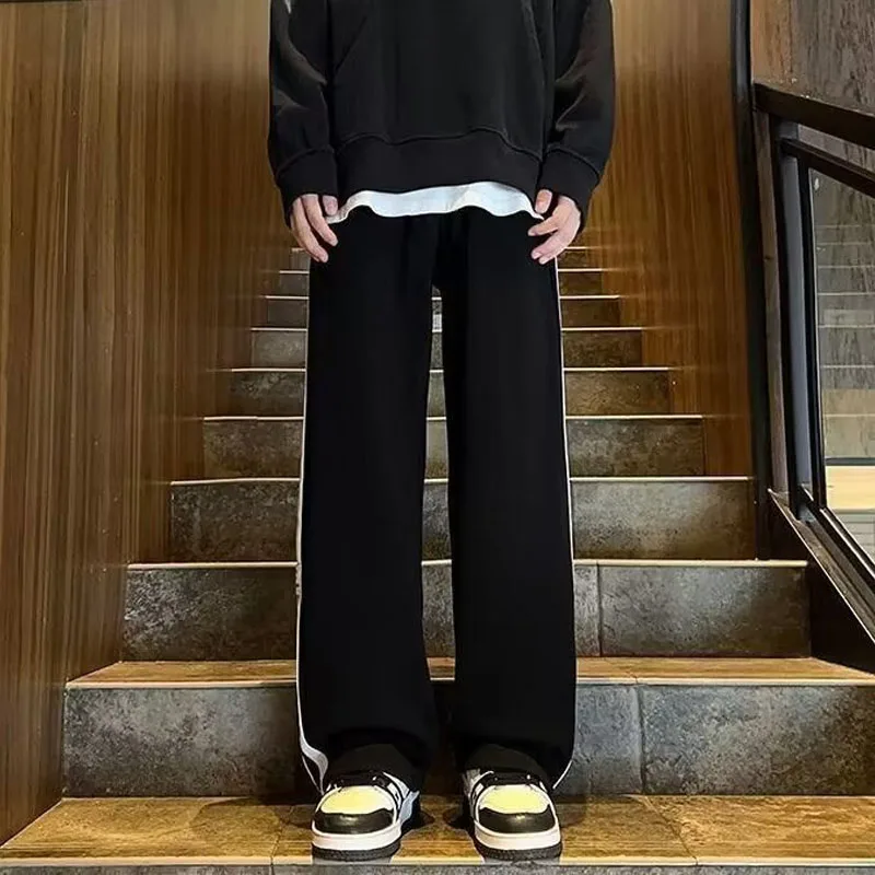 남성용 심플 키 큰 긴 줄무늬 바지, 드레이핑 라지 사이즈, 스웻팬츠 루즈 와이드 레그 캐주얼 바지, 2024 여름 신상 