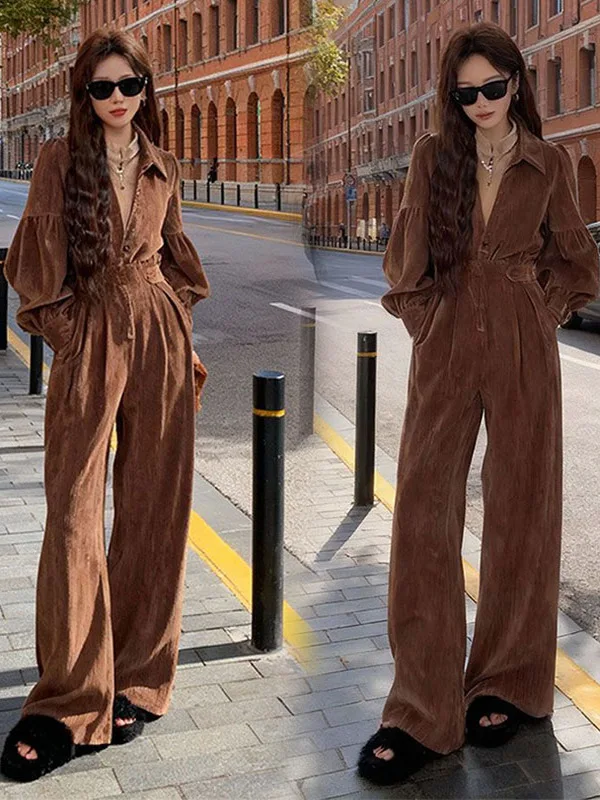 

Комплект из топа и брюк с высокой талией и широкими штанинами для женщин, модный ансамбль из весенней коллекции, имитация двух предметов, повседневный стиль