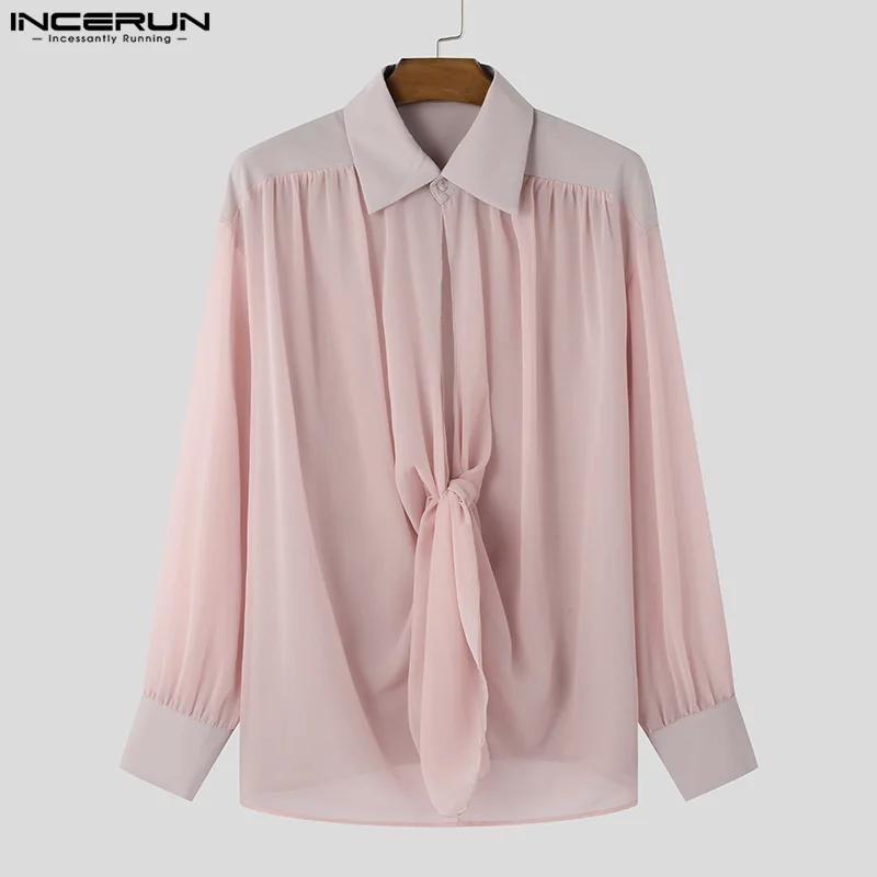 INCERUN Tops 2024 Korean Style Fashion Men\'s Chiffon Perspective Twisted Shirts Casual Personality Male Thin Long Sleeved Blouse