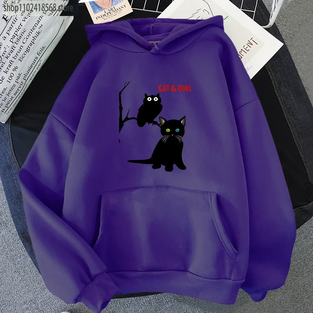 A Cat and An Owl Hoodies Cartoon Graphic Sweatshirts Harajuk Y2k Clothes Streetwear Women Long Sleeve Pullovers Male Men Tops