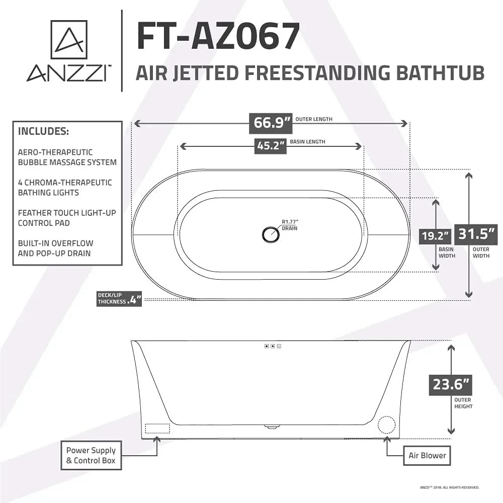 Independent Jet Bathtub - White Acrylic Air Jet Independent Bathtub Light Control Board - Luxurious Home Spa Experience