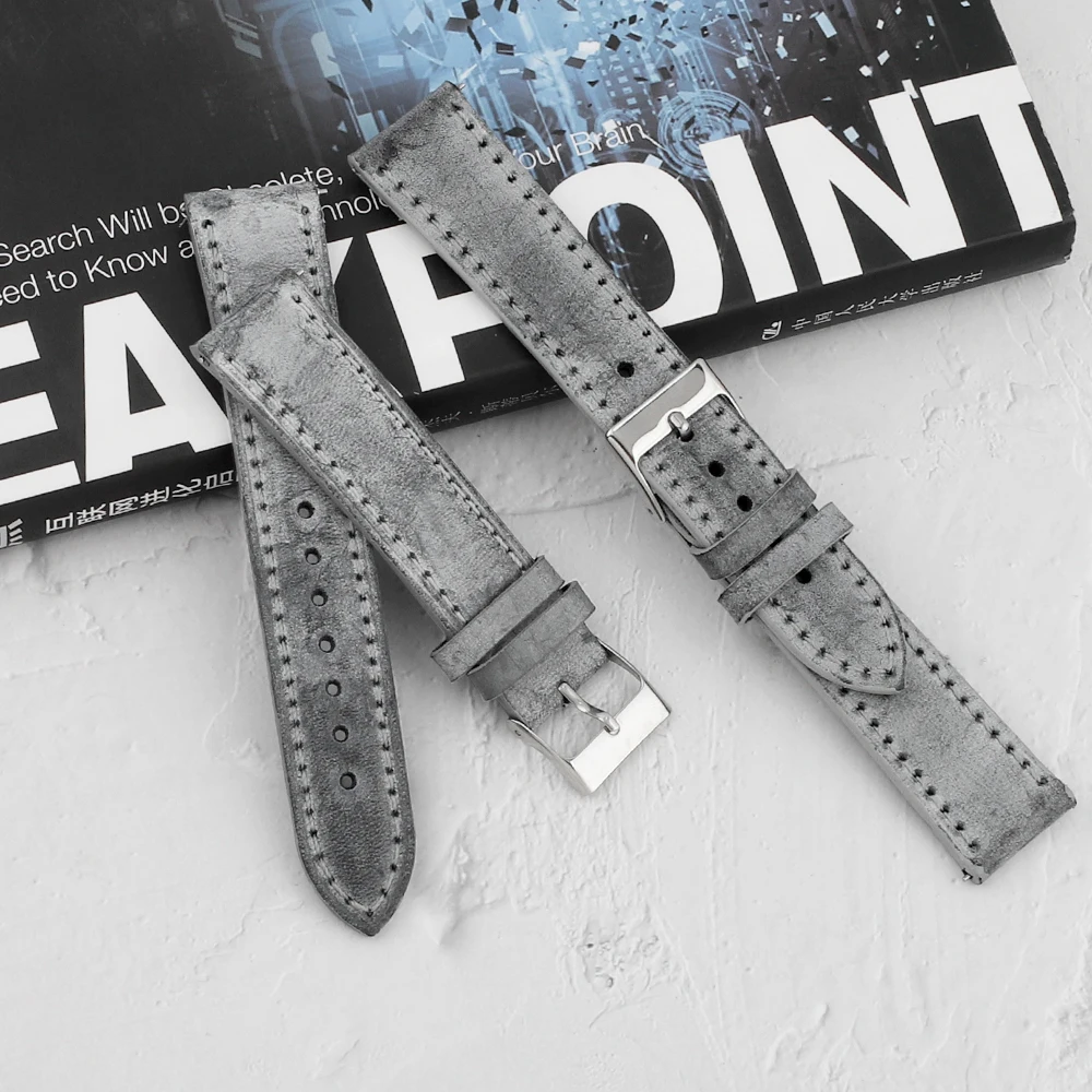 

Retro Cowhide Watch Band 16mm 17mm Gray White Oil Wax Leather Handmade Watch Strap Replacement Belt Wristband Accessories