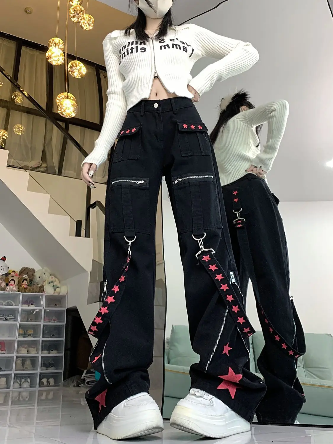 American street hip-hop personality women personality straight leg patchwork loose trend high street retro casual jeans y2k