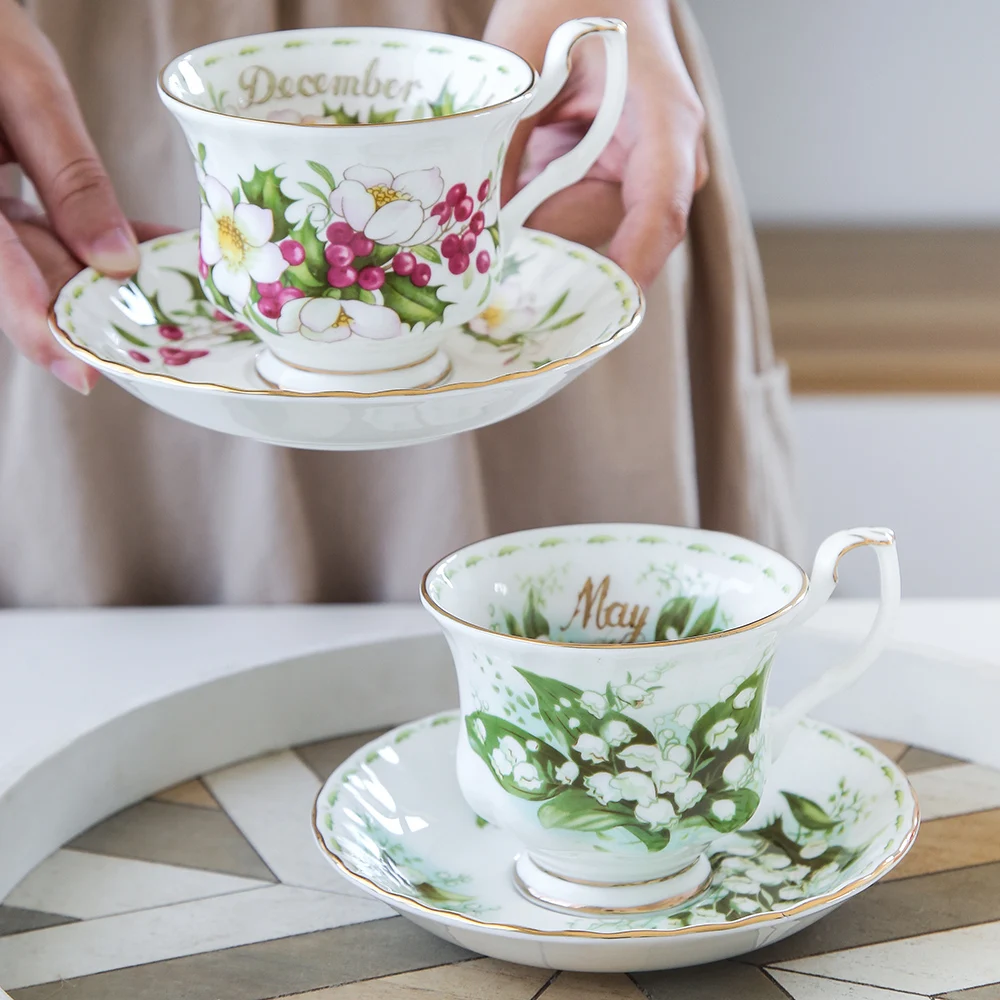 European Vintage Month Flower Phnom Penh Coffee Cup Saucers, Bone China, Milk Tea Cup, Snack Dish, Dessert Plate for Home Office