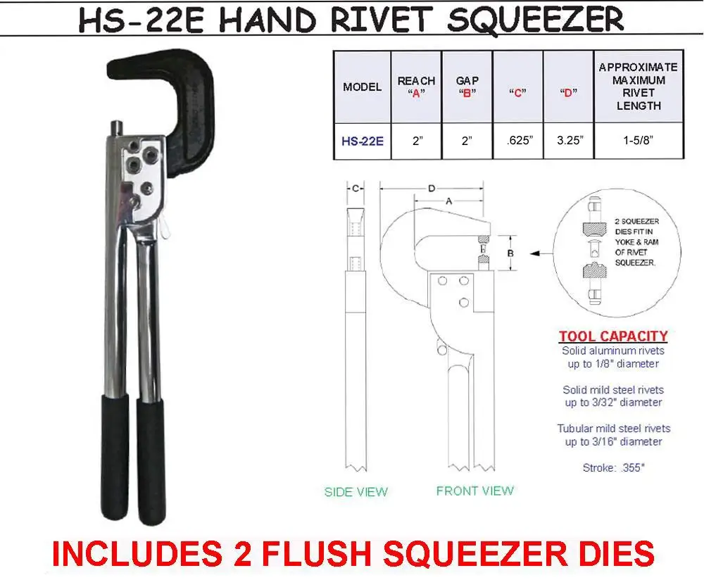 Hand Rivet Squeezer for Solid & Tubular Rivets, 2' Reach, 2' Gap, Sets Rivets up to 1-3/4' Long, Includes 2 Flush Dies