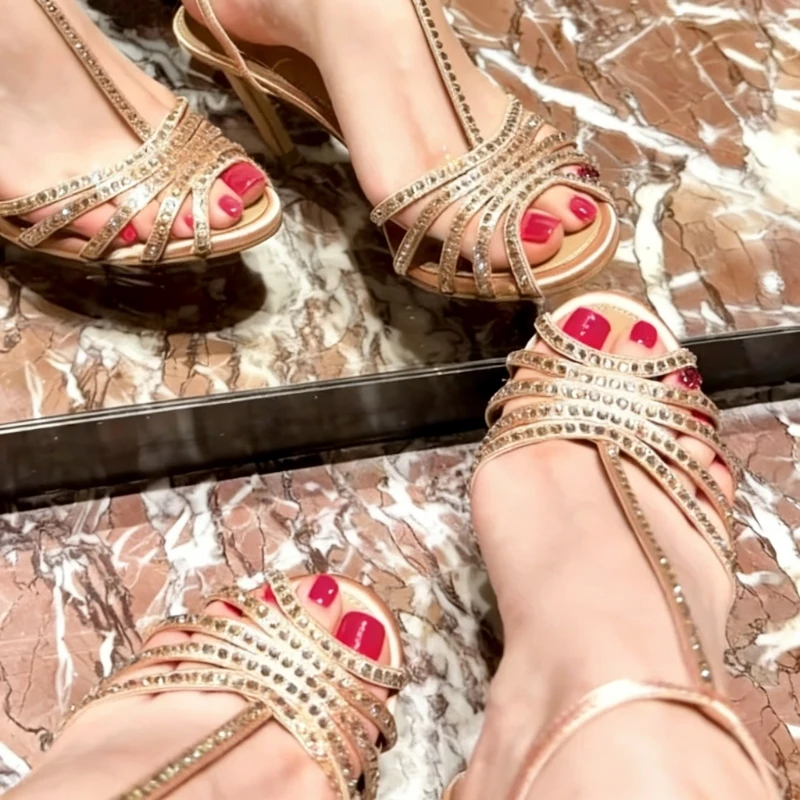 

Rhinestones Shoes for Womens Round Toes High Heels Sewing Lines Tacones Crystal Female Sandals Solid Ankle Strap Zapatos Mujer